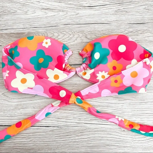 2/$30 bandeau pink floral bikini top with ring detail - Picture 2 of 4